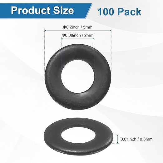 100-Pack M2 Flat Washers, Metric 5mm OD 0.3mm Thick 304 Stainless Steel Washers for Bolts Screws Nuts for Automotive/Machinery/Furniture, Flat Metal Washers [Black Galvanized]
