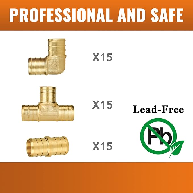 SUNGATOR 45-Pack 3/4 Inch PEX Fittings, 15 Each Elbow Tee Coupling, No Lead Brass Pex Fittings 3/4 Inch Assortment, UPC, NSF Certified