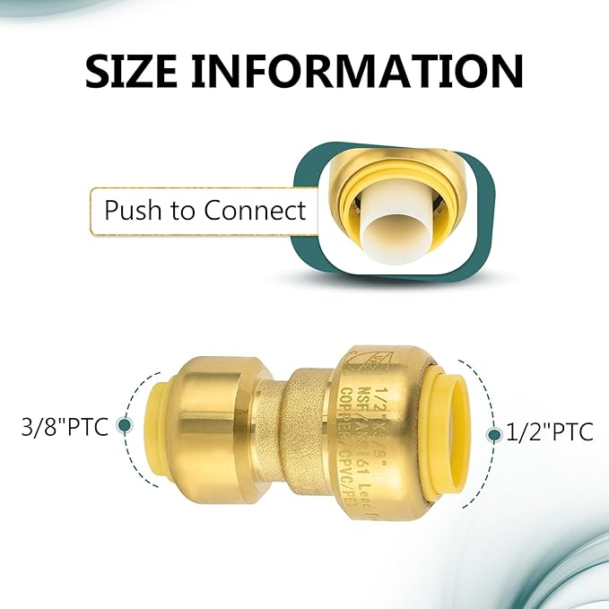 (Pack of 30) Niikappu 1/2" x 3/8" Reducing Coupling Brass Fittings, Push-to-Connect Plumbing Fitting for Pex, Copper, CPVC, Includes Removal Clip