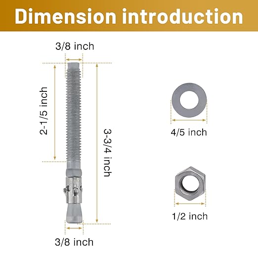 3/8 x 3-3/4 inch Wedge Concrete Anchors kit Galvanized Carbon Steel, Expansion Screw Bolt Heavy Duty Fasteners for Masonry Concrete (Pack of 10)