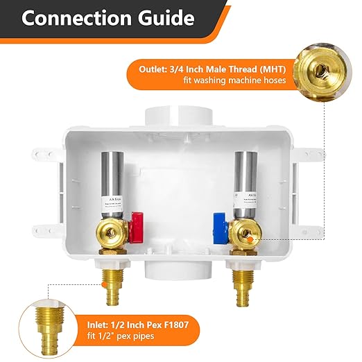 HeSun Washing Machine (Laundry) Outlet Box, 1/2 Inch Crimp Inlet x 3/4 Inch MHT Outlet, Pex Washer Box with Center Double Drain, with Stainless Steel Arrestor