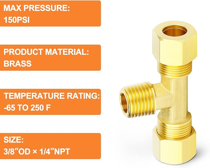 GASHER 5PCS Brass Compression Tube Tee Pipe Fitting Connector，3/8" OD x 1/4" NPT x 3/8" OD，Male Branch Tee