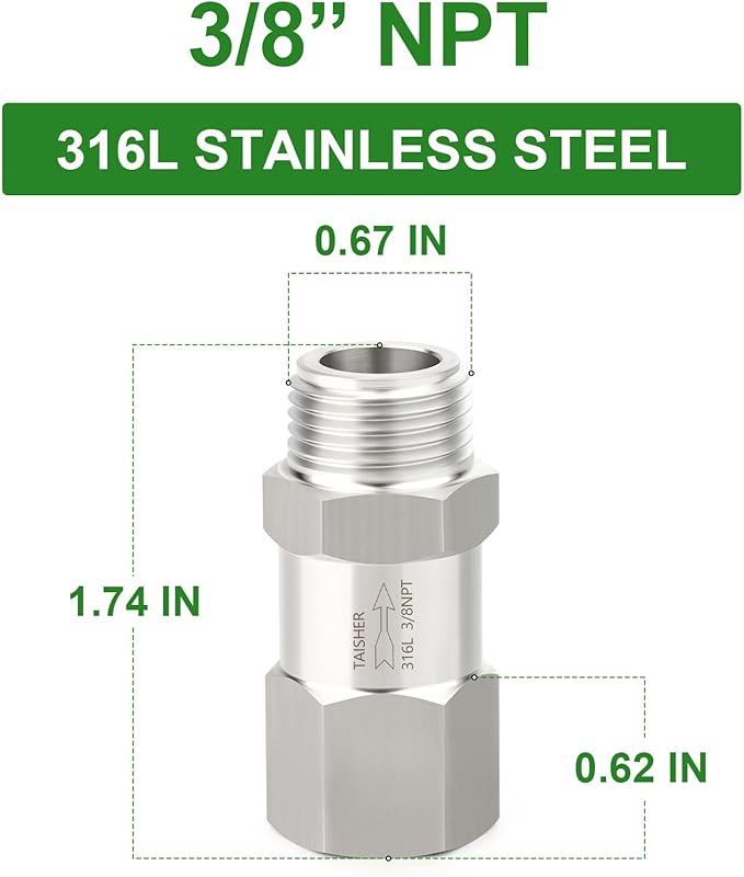 TAISHER 1PCS 316L Stainless Steel 3/8" NPT Male x 3/8" NPT Female Check Valve,Backflow Prevention,One Way Non-Return Check Valves