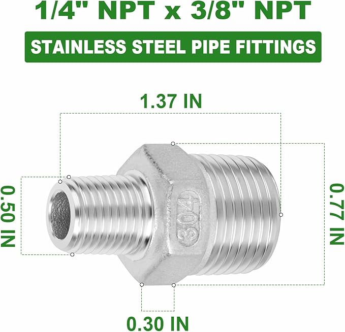 TAISHER 10PCS Cast 304 Stainless Steel Hex Nipple, Reducer Pipe Fitting 3/8-Inch Male Pipe x 1/4-Inch Male Pipe