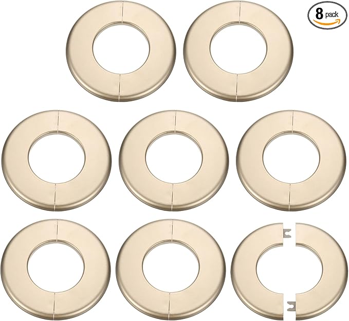 HARFINGTON 8pcs Wall Split Flange 64mm/2.5" Self-Adhesive Plumbing Cover Plates ABS Plastic Round Escutcheon Plate Buckle Design for Water Pipe Bathroom Kitchen Decoration, Gold Tone