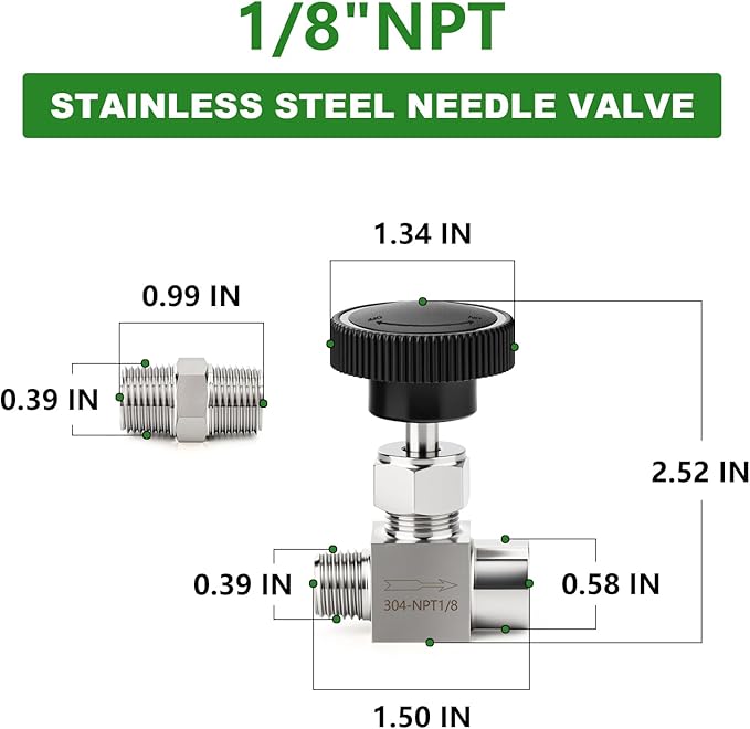 TAISHER 1PCS 304 Stainless Steel Straight Needle Valve 1/8" NPT Male x 1/8" NPT Female For Flow Control Water Gas Oil With Nipple