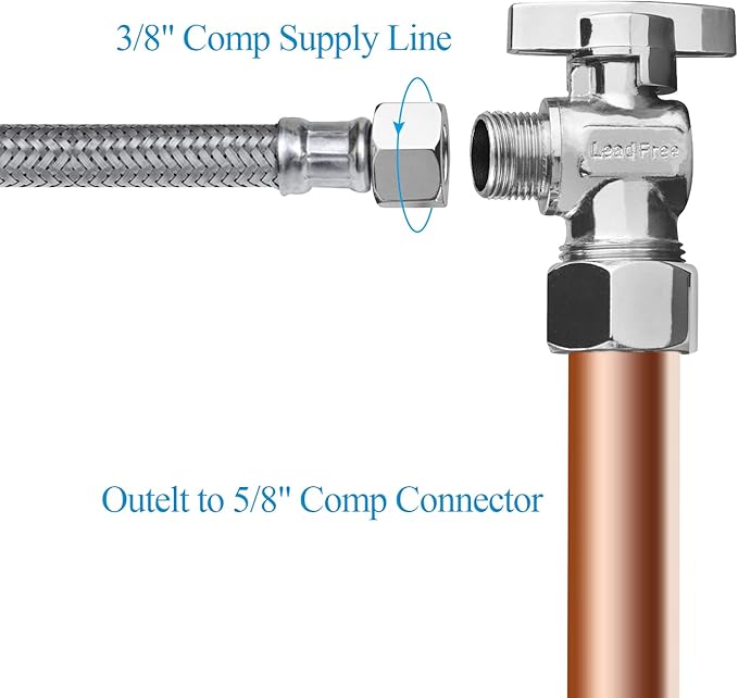 WiseWater Angle Stop Valve 1/2" Nominal (5/8" OD) x 3/8" Compression, 1/4 Turn Toilet Shut Off Reinforced Chrome Plated Brass Fittings for Bathroom, Toilet, Kitchen (5-Pack)