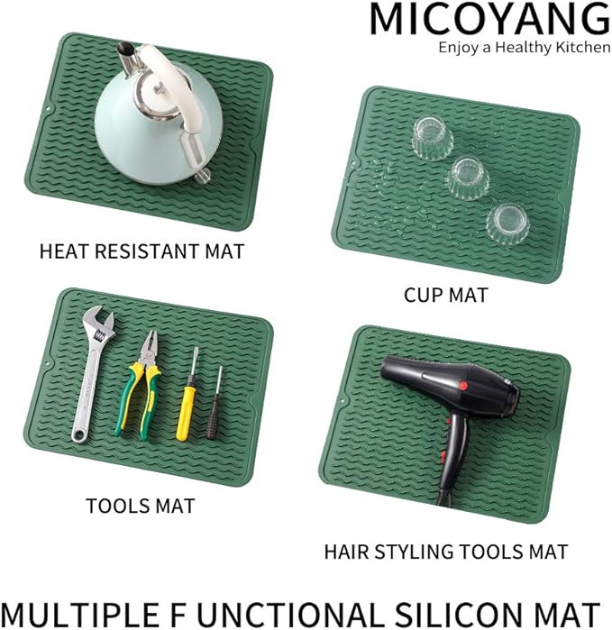 Silicone Dish Drying Mat for Multiple Usage,Easy clean,Eco-friendly,Heat-resistant Silicone Mat for Kitchen Counter or Sink,Refrigerator or drawer liner Green L 16 inches x 12 inches