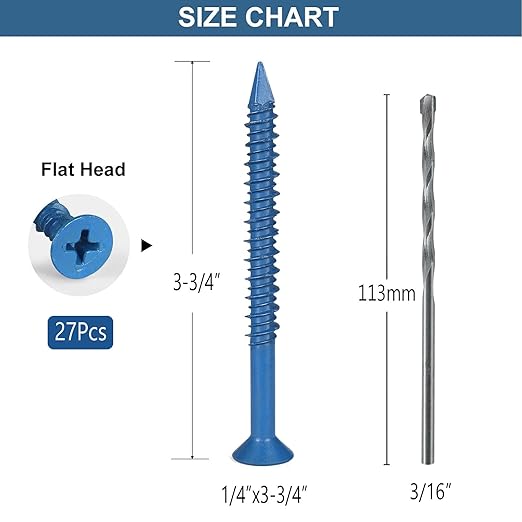 1/4 x 3-3/4 Inch 27Pcs Concrete Screws, Flat Head Screw Anchor with Drill Bit, for Masonry, Block, Brick, Cement, Stucco, Diamond Point