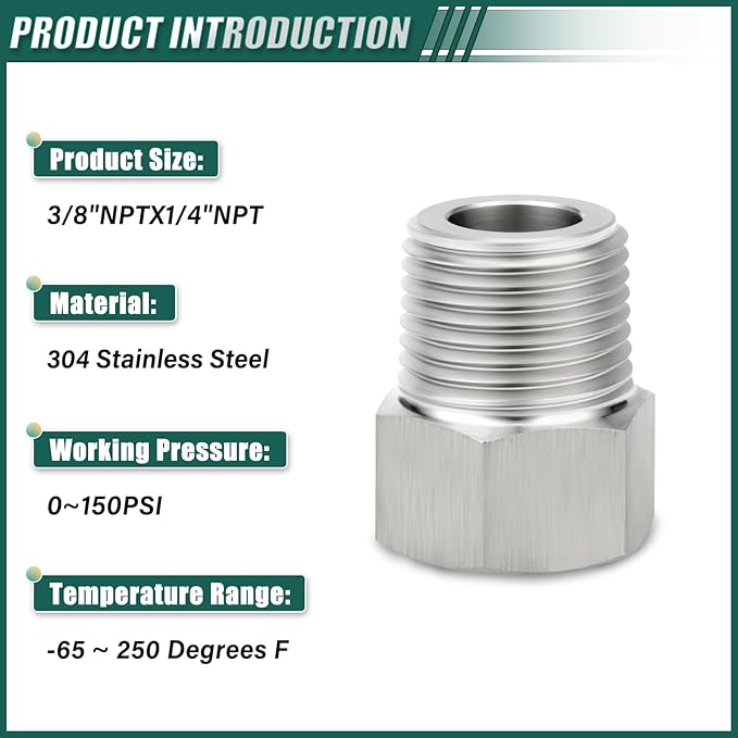 5PCS 304 Stainless Steel Reducer Hex Bushing, 3/8" NPT Male x 1/4" NPT Female, Reducing Pipe Adapter Fitting, for Air/Fuel/Water/Gas/Oil