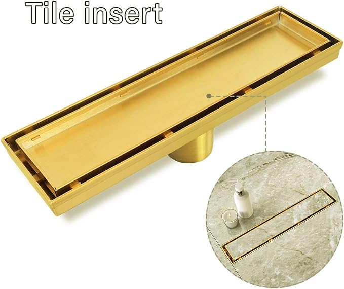 Neodrain 12-Inch Gold Linear Shower Drain, 2-in-1 Flat & Tile Insert Cover, Stainless Steel Linear Drain, Brushed Brass Rectangle Shower Floor Drain with Hair Strainer, Watermark&CUPC Certified