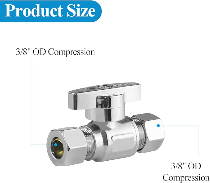 WiseWater 3/8" Compression Straight Stop Valve, 1/4 Turn Toilet Shut Off Valve for Bathroom & Kitchen Water Supply Lines (5-Pack)