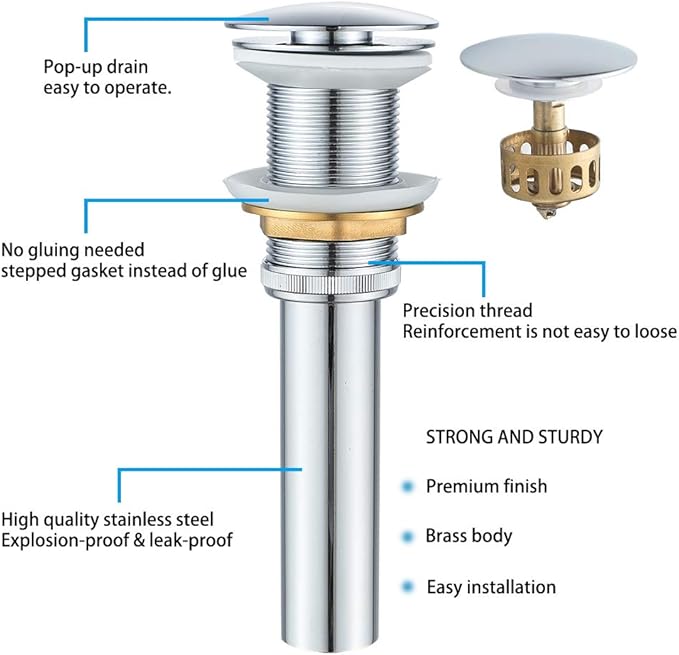 Bathroom Sink Drain Without Overflow with Strainer Basket Detachable Vessel Sink Lavatory Vanity Pop Up Drain Stopper Polished Chrome