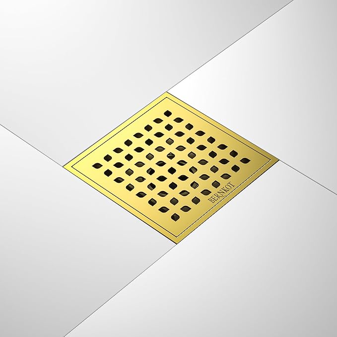 Square Shower Drain 6" Polished Gold with PVC Bonding Flange Base 304 Stainless Steel Drain Grate Removable with Stainless Drain Key for Low Profile Shower Tiles