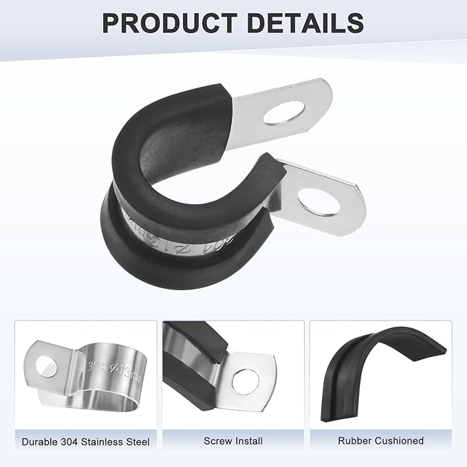 20-Pack Cable Clamps, 33/64 Inch/ 13 mm 304 Stainless Steel Rubber Cushioned Insulated Cable Clamp R Shape Metal Holder for Tube/Wire/Pipe/Loop Installation
