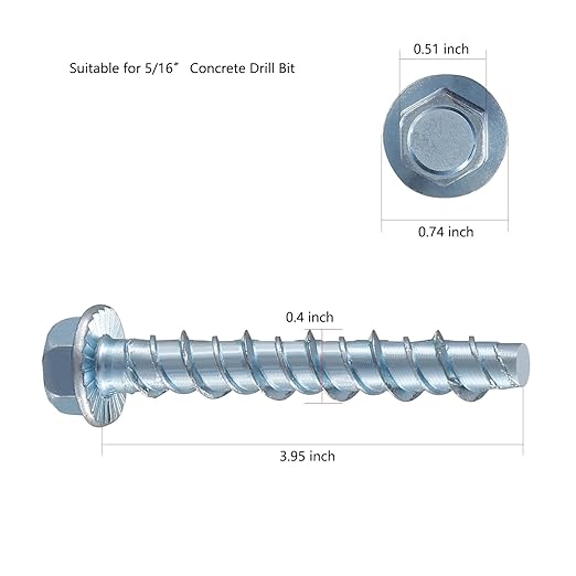 5/16" x 4" Zinc Plated Large Diameter Concrete Screw Actual Thickness 3/8"(10mm) for Anchoring to Masonry, Brick or Block (30 pcs)