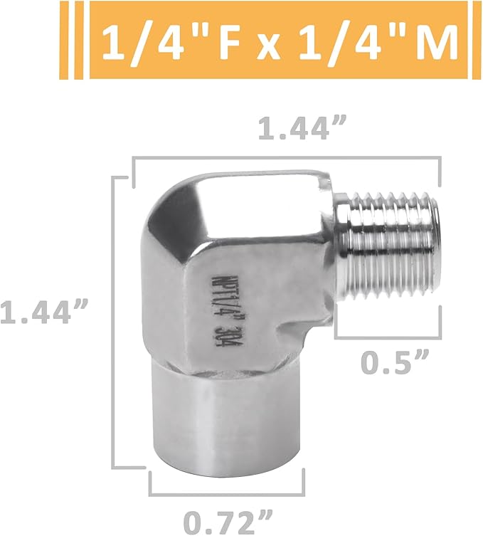 90 Degree Street Elbow - 1/4" NPT Male to 1/4" NPT Female Stainless Steel 304 Heavy Duty Forged Barstock Street Elbow Adapter Pipe Fitting (pack of 5)