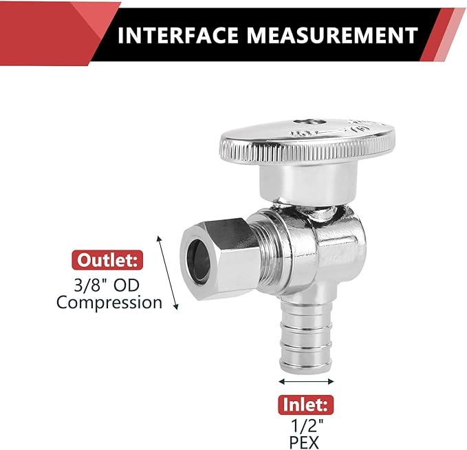 50-Pack EFIELD Shut off Valve 1/4 Turn Angle Stop Valve 3/8" OD Compression X 1/2" Pex, Chrome Plated Brass,(VALVE076-50PCS)