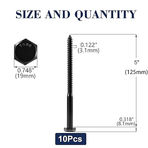 1/2" x 5" Hex Head Lag Screws Bolts 10Pcs 304 Stainless Steel 18-8, Partial Thread, Hexagon Head Wood Screws by Black Oxide by SG TZH