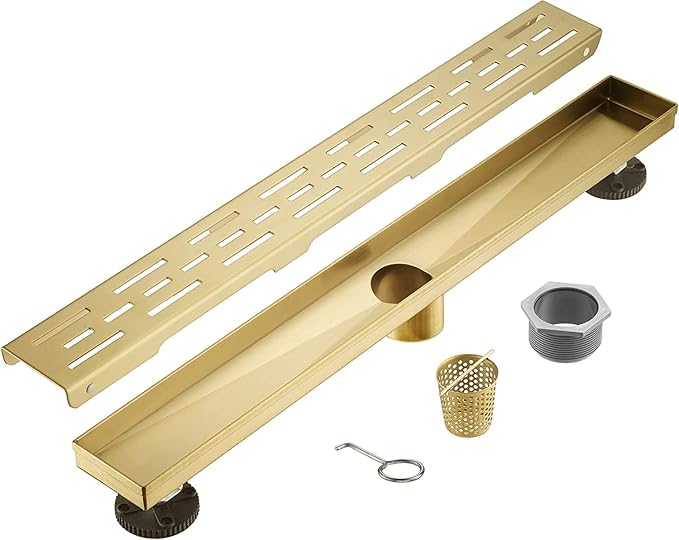Linear Shower Drain, Brushed Gold Shower Drain 32 Inch with Removable Grate, SUS-304 Stainless Steel Rectangle Floor Drain with Leveling Feet and Hair Strainer, Bathroom Modern Drain SD-101