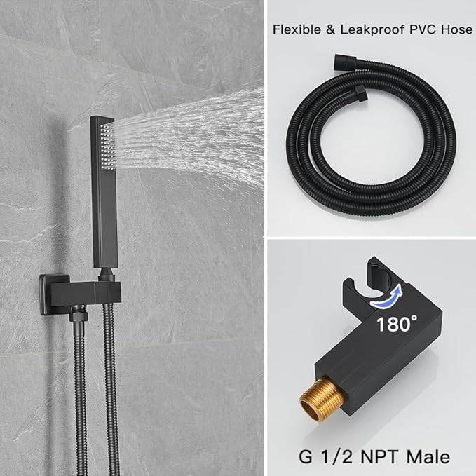 BWE Black Shower Faucet 16 Inch Square Luxury Rain Mixer Shower System Sets Complete 2-Functions Pressure Balancing Ceiling Mount Rainfall Rough-in Valve Body and Trim Included