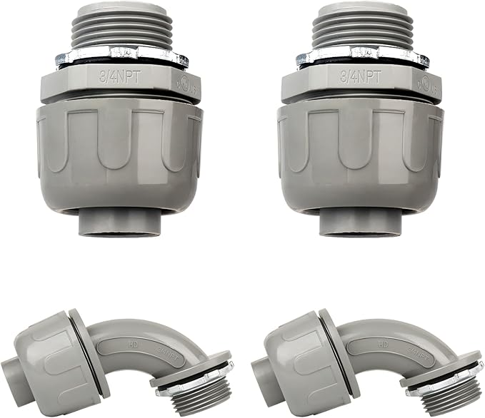 Conduit Connectors, 3/4 Inch Liquid Tight Connector NPT Non-Metallic for PVC Electrical Flexible Conduit Fittings, 2 Straight and 2 Angle 90 Degree, UL Listed, Grey (4-Pack)