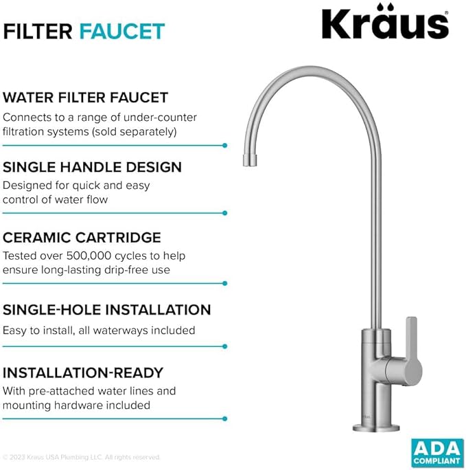 KRAUS Oletto Single Handle Drinking Water Filter Faucet for Water Filtration System in Spot-Free Stainless Steel, FF-103SFS