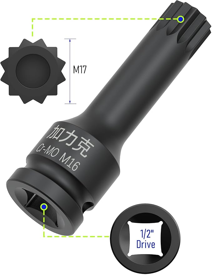 1/2-Inch Drive x M17(17mm) Impact XZN Triple Square Spline Bit Socket, Security Tamper Proof Metric Lengthen Screwdriver Socket Adapter, 3-Inch Length, One-Piece Construction, CR-MO, Black