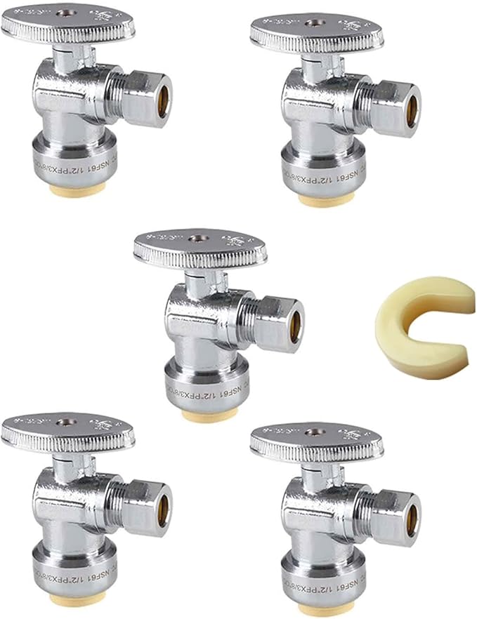 (Pack of 5) EFIELD Push Fit 1/4 Turn Angle Stop Valve Water Shut Off 1/2 Push x 3/8 Inch Compression Chrome With Dismount Clip Tool,(PF-VALVE028-5PCS)