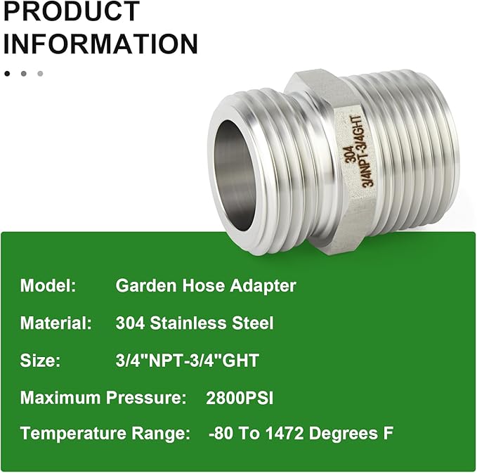 TAISHER 2PCS 304 Stainless Steel Garden Hose Adapter, 3/4" GHT Male x 3/4" NPT Male Garden Hose Connector with Washers