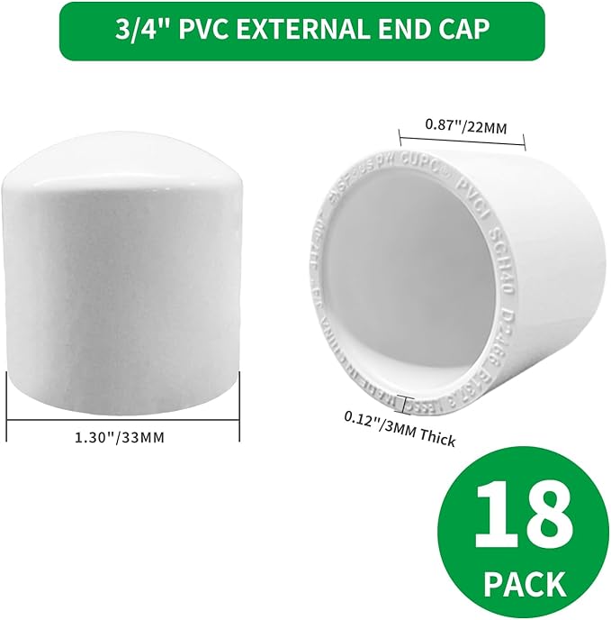 LESSO 3/4 inch PVC Pipe End Cap | 18 Pack Schedule 40 Industrial Pipe Fittings 3/4" PVC Pipe External Plug Adapter for Build Furniture DIY Garden Shelf, White