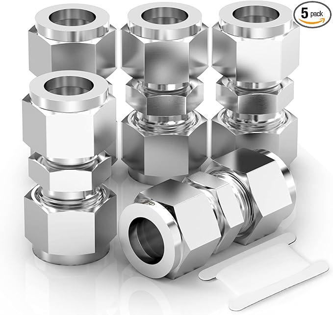 TAISHER 5PCS 304 Stainless Steel Compression Tube Pipe Fitting Connector, 1/4" Tube OD x 1/4" Tube OD Straight Adapter