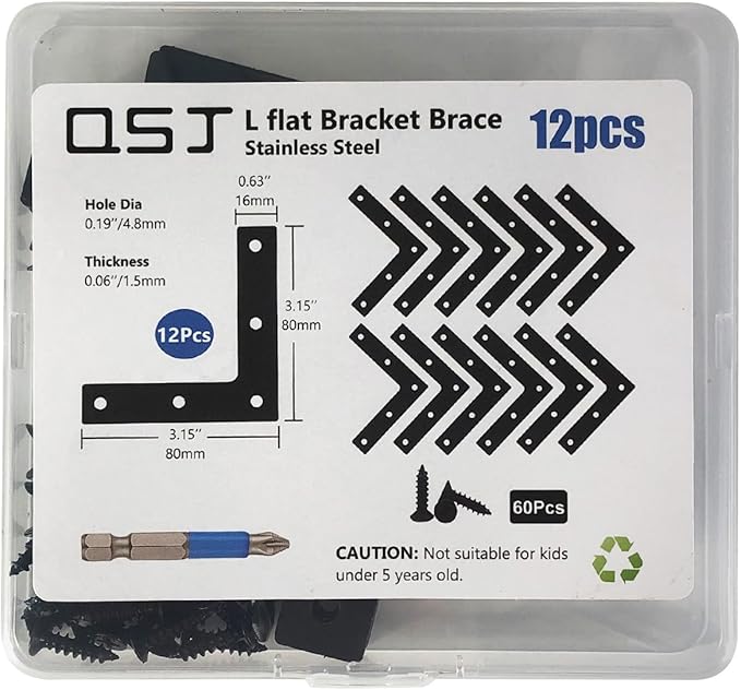 QSJ 12 Pcs L Flat Straight Brackets Corner Bracket Set 3.15'' Bracket Brace Mending Plate Stainless Steel for Wood