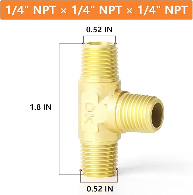 GASHER 2PCS Brass 3 Way, 1/4" x 1/4" x 1/4" NPT Male Tee Pipe Fittings