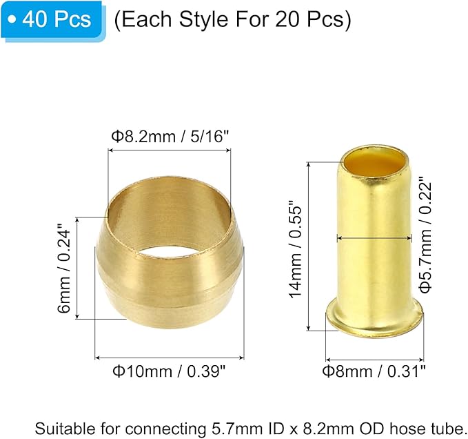 PATIKIL Brass Compression Sleeves Ferrules for 5/16 Inch OD Hose Tube, 40 Pack Brass Ferrule Brass Compression Insert Fitting Assortment Kit for Air Water Gas Pipe