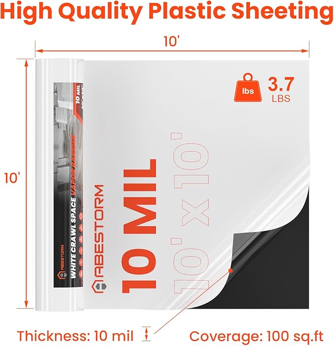 ABESTORM Crawl Space Vapor Barrier 10 Mil Film 10'x100' Thick Plastic Sheeting Drop Cloth Vapor Barrier Covering for Crawlspace, Encapsulation, Blackout Plastic Painters Tarp, Black and White Film