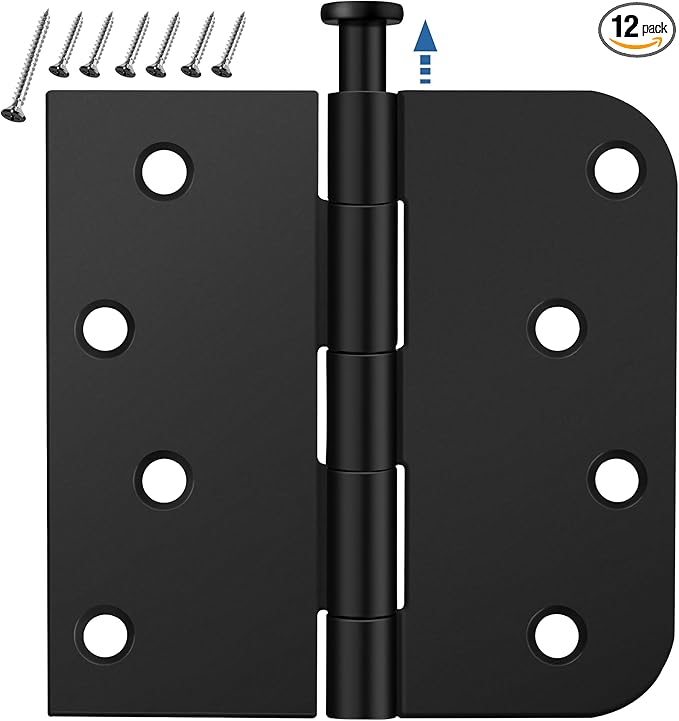 12 Pack Matte Black Door Hinges 4 Inch, Exterior Door Hinges with 5/8" Radius & Square Corners, Removable Pin, Perfect for Heavy-Duty Front & Back Door, Anti-Rust & No Squeaks
