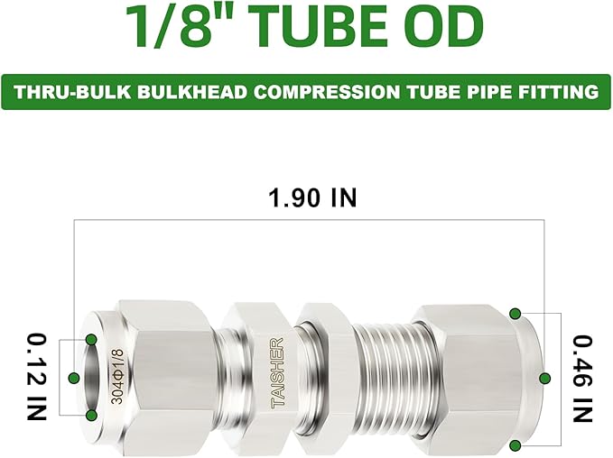 TAISHER 1PCS 304 Stainless Steel Thru-Bulk Bulkhead Compression Tube Pipe Fitting Connector, 1/8" Tube OD x 1/8" Tube OD Straight Adapter