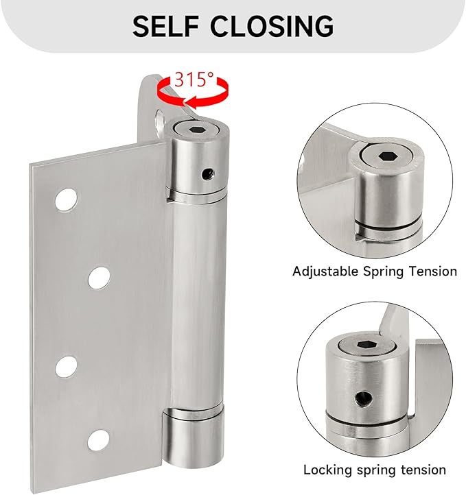 bartuda Hinges Self-Closing Door Hinges 4Inch 304 Stainless Steel Hinges Spring Hinge Heavy Duty Hinges with Square Rounded 5/8"" Radius Corner Adjustable Tension 3 Pack