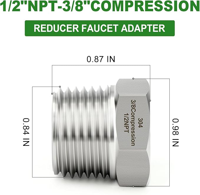 TAISHER 2PCS 304 Stainless Steel Reducer Water Hose Adapter 1/2" NPT × 3/8" Compression Pipe Fitting for kitchen bathroom faucet supply line adapter with rubber gasket