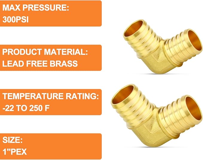 GASHER 2Pcs No Lead Brass 1" Pex Elbow Fittings, 1 Inch Pex Fittings for Pex Tubing