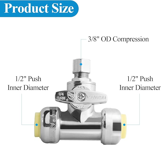 WiseWater Tee Stop Valves 1/2" Push x 1/2" Push x 3/8" O.D Push Fit Valve with Disconnect Clip, 1/4 Turn Chrome Plated Brass Water Shut Off Valve for Copper, PEX, CPVC Pipe (2 Pack)