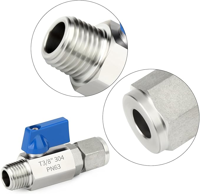 TAISHER 2PCS 304 Stainless Steel Compression Mini Ball Valve Shut Off Switch, 3/8" Tube OD x 3/8" NPT Male