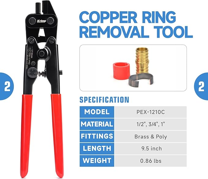 iCrimp PCKIT-1234PS PEX Crimping Tool Kit with PEX Tubing Cutter, PEX Crimper, PEX Removal Tool for 1/2-in and 3/4-in PEX Copper Crimp Rings
