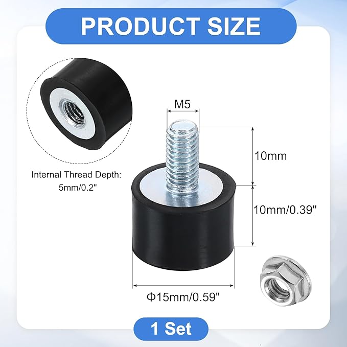 uxcell M5 Rubber Mounts, 1Pcs 15x10mm(DxH) Rubber Cylindrical Anti Vibration Isolator Shock Absorber with Lock Nut for Car Bobbin Generator Air Compressors