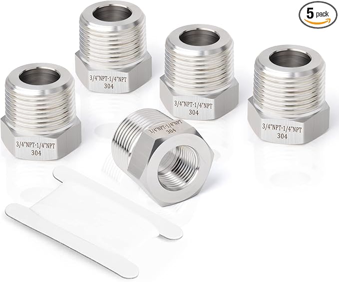 TAISHER 5PCS Forging of 304 Stainless Steel Reducer Hex Bushing, 3/4" Male NPT to 1/4" Female NPT, Reducing Forging Pipe Adapter Fitting