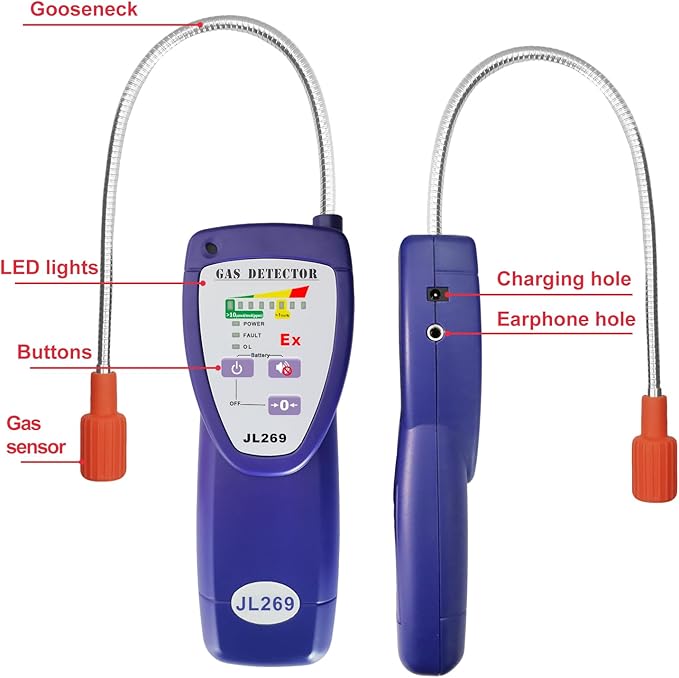 JL269 Gas Leak Detector with 13.5 Inch Flexible Probe, Rechargeable Natural Gas Detector for Methane, Propane, LPG, Hrdrogen Gas for Industrial or RV
