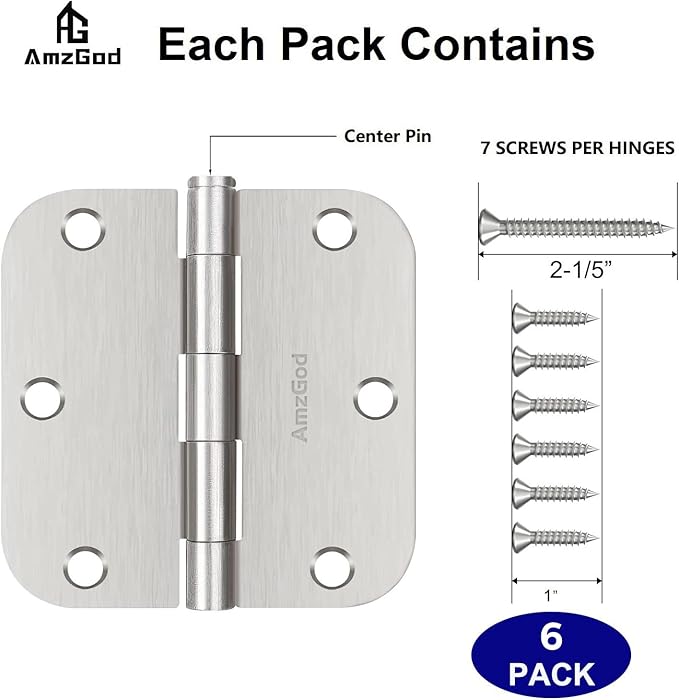 Door Hinges Brushed Nickel - 6 Pack Satin Nickel 3.5 Inch Rounded Interior Door Hinges with 5/8" Radius - 3 1/2 Inches Silver Residential Standard Door Hardware
