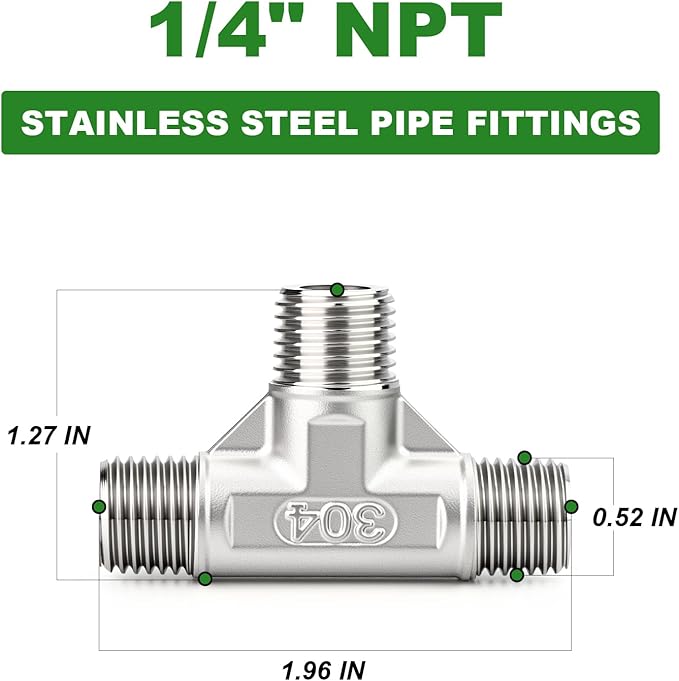 TAISHER 5PCS 304 Stainless Steel Tee Pipe Fittings, 1/4" x 1/4" x 1/4" NPT Male Pipe Fittings