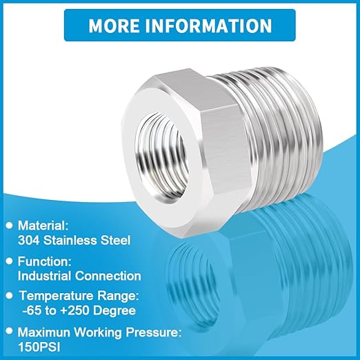 Quickun Stainless Steel Reducing Hex Bushing, 1/4" Male NPT to 1/8" Female NPT, Reducer Bushing Pipe Hose Fitting （Pack of 2）